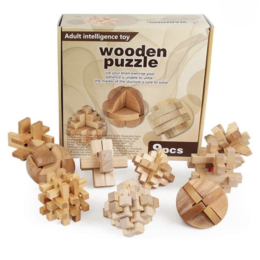 Wooden Puzzles Set of 9 Different Brain Teasing Solid Wood Toys